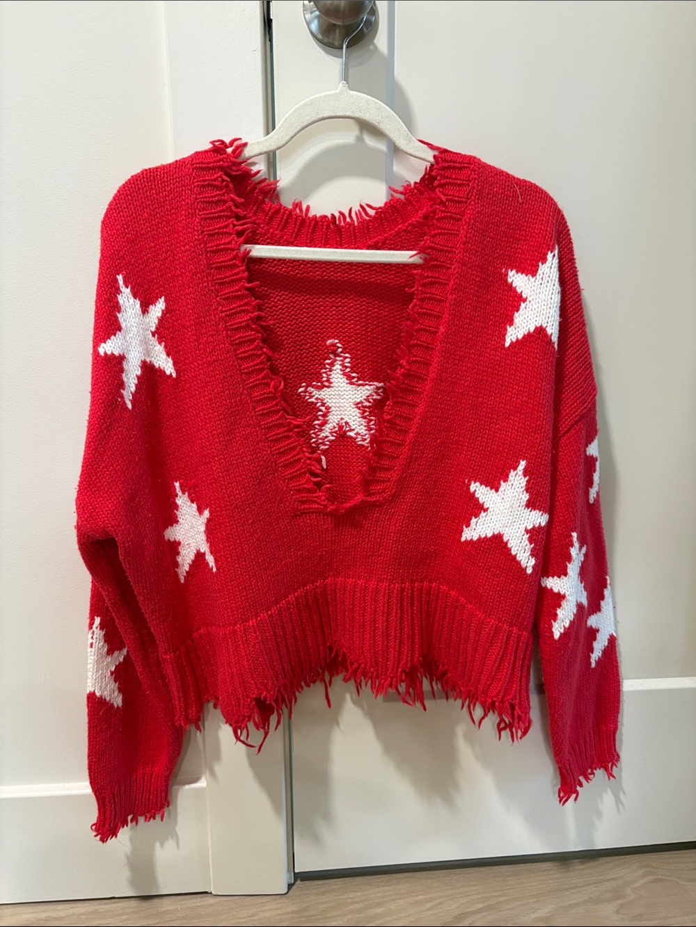 Wildfox Red Star-Print V-Neck Sweater